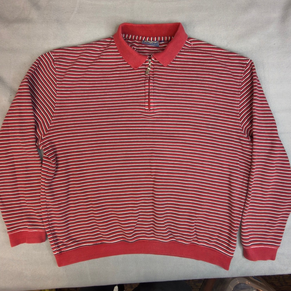 Bobby Jones Players Mens Large Red Striped Quarter Zip Pullover Sweater Golf